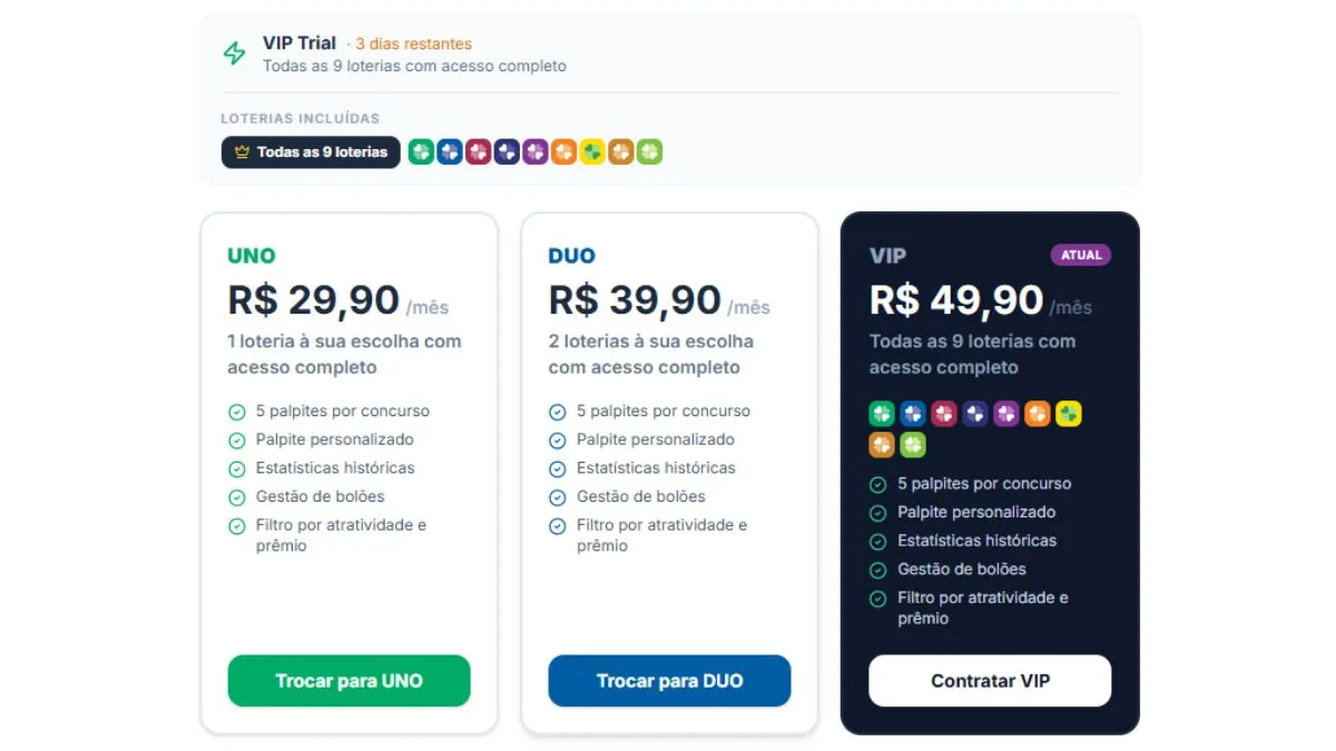 Planos UNO, DUO e VIP do Palpitex