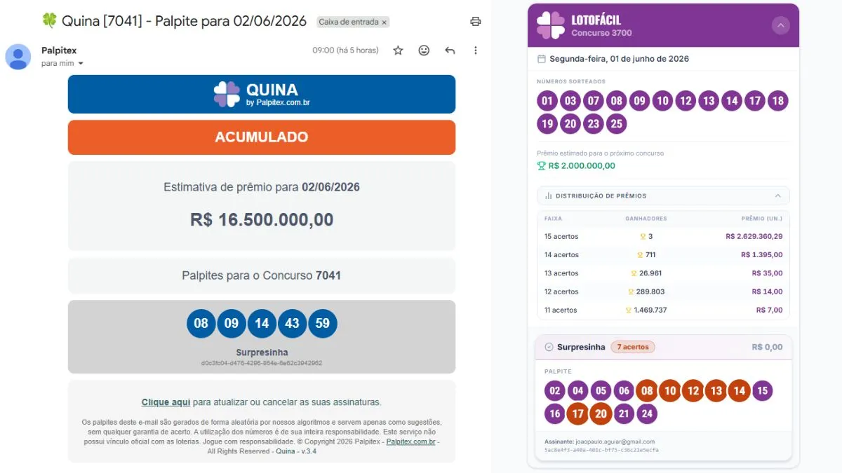 E-mail do Palpitex com o palpite antes do sorteio